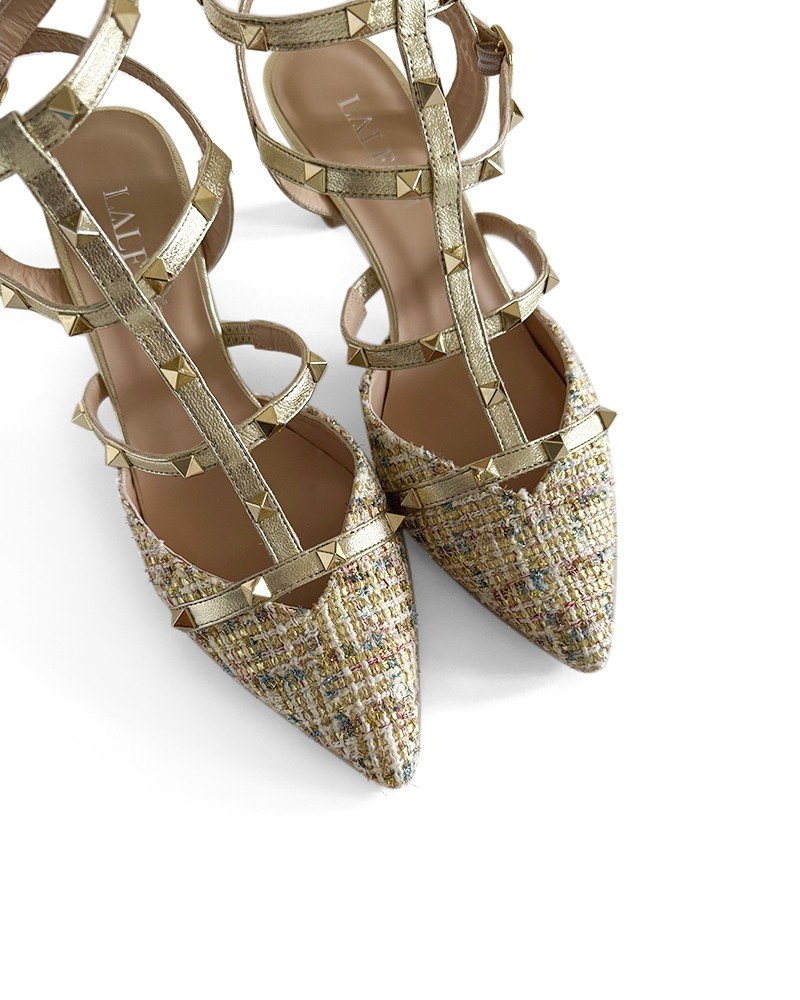Zapato tachuelas tweed oro