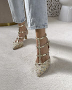 Zapato tachuelas tweed oro